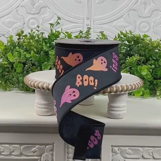 Farrisilk Halloween Ghost Ribbon, 2.5 Inch Black Ribbon with Pink Orange Purple Ghosts and Boo Text, Wired Not So Scary Halloween Trim,