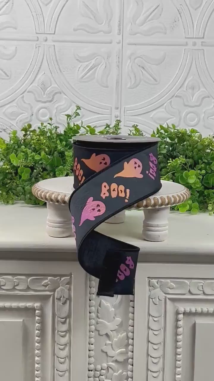 Farrisilk Halloween Ghost Ribbon, 2.5 Inch Black Ribbon with Pink Orange Purple Ghosts and Boo Text, Wired Not So Scary Halloween Trim,