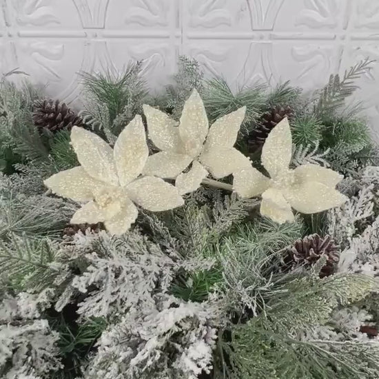 Ivory Pearl Triple Poinsettia Stem, Beaded Holiday Floral, White Glitter Poinsettia, Christmas Floral, Wedding Floral, Wreath Attachment