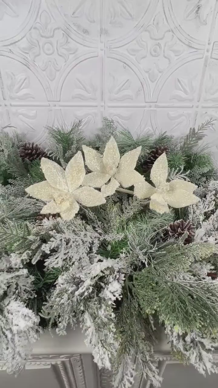 Ivory Pearl Triple Poinsettia Stem, Beaded Holiday Floral, White Glitter Poinsettia, Christmas Floral, Wedding Floral, Wreath Attachment