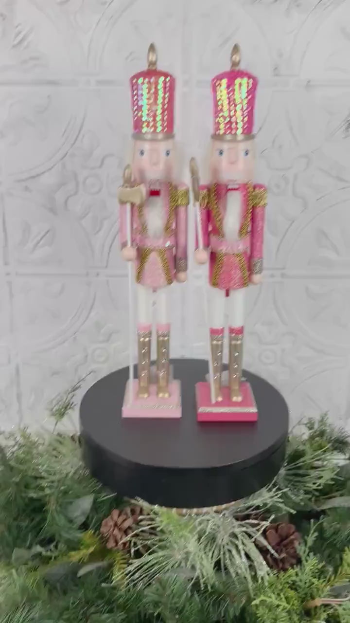 Pink Sequin Nutcracker with Glitter, Rhinestone Boots & Gold Trim – Elegant Christmas Decor in Light or Dark Pink for Holiday Displays