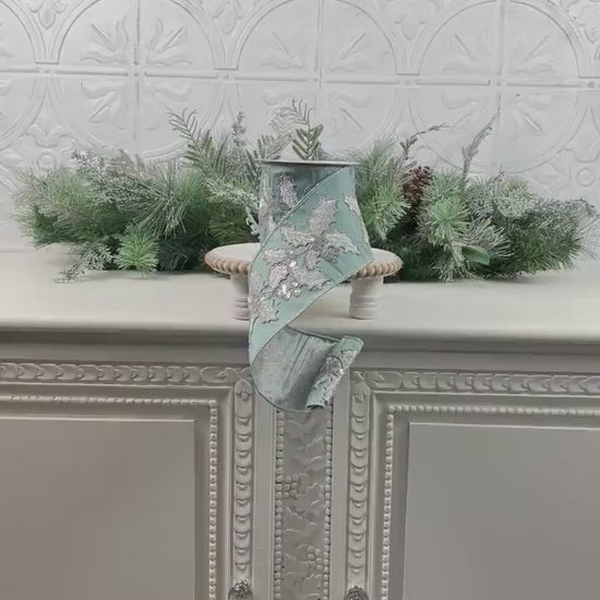 Embroidered Holly Ribbon, Aqua Holly Ribbon, Christmas Holly Ribbon, Silver Jeweled Ribbon, Designer Holiday Ribbon, Wired Christmas Ribbon