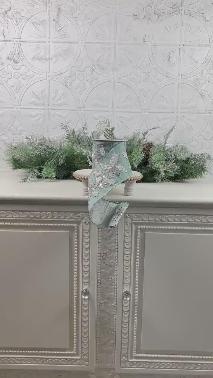 Embroidered Holly Ribbon, Aqua Holly Ribbon, Christmas Holly Ribbon, Silver Jeweled Ribbon, Designer Holiday Ribbon, Wired Christmas Ribbon