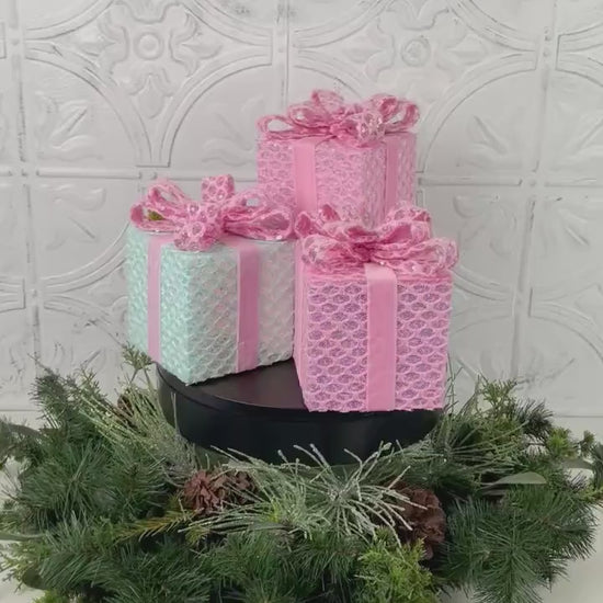 Sequined Faux Gift Box – Pink & Mint Christmas Wreath Attachment, DIY Holiday Decor Accent, Pastel Velvet Ribbon Box for Centerpieces
