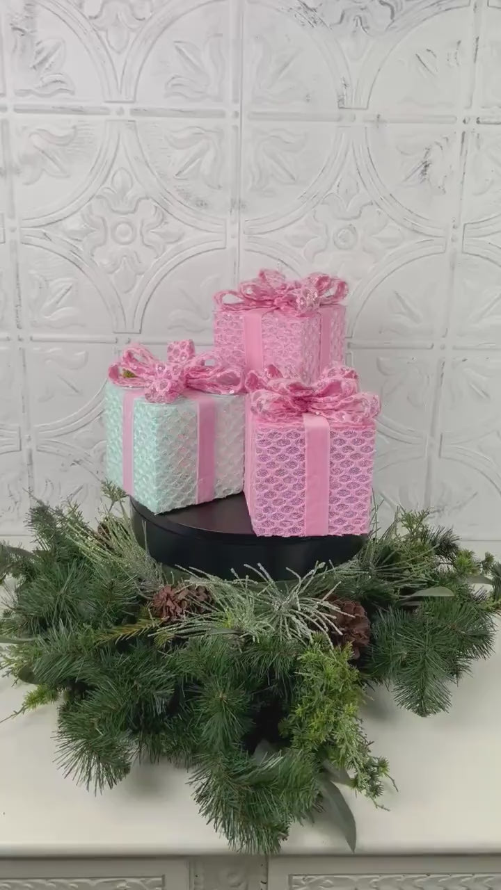 Sequined Faux Gift Box – Pink & Mint Christmas Wreath Attachment, DIY Holiday Decor Accent, Pastel Velvet Ribbon Box for Centerpieces