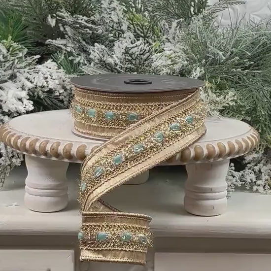 Farrisilk Light Blue Gold Ribbon, Velvet Tinsel Holiday Ribbon, Christmas Wreath and Tree Trimming Ribbon