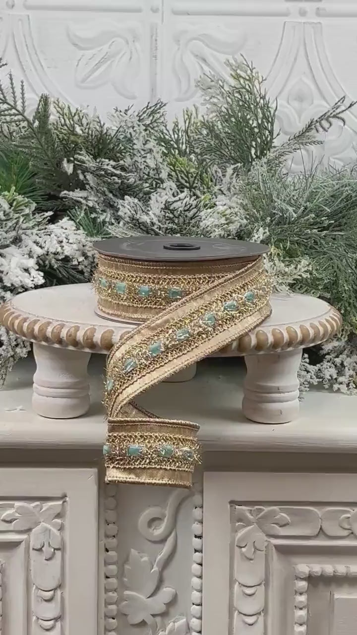 Farrisilk Light Blue Gold Ribbon, Velvet Tinsel Holiday Ribbon, Christmas Wreath and Tree Trimming Ribbon