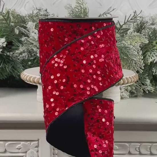 Sequined Red Velvet Ribbon with Black Trim: Nancy Brown Home Designer Holiday Ribbon