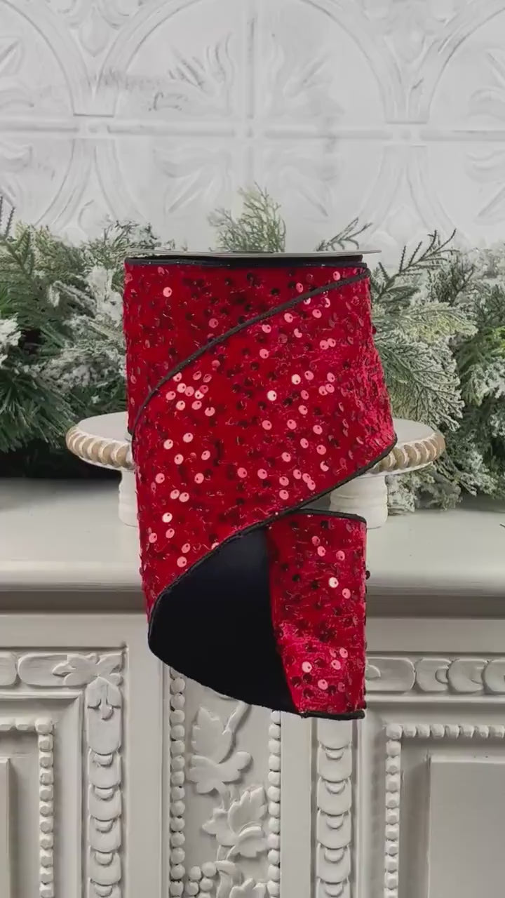Sequined Red Velvet Ribbon with Black Trim: Nancy Brown Home Designer Holiday Ribbon