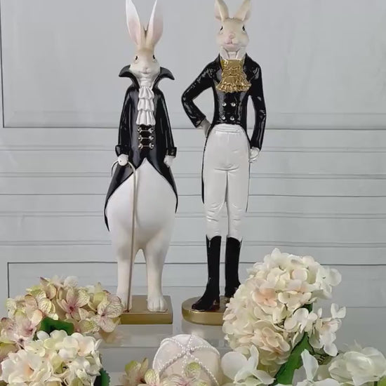 15.5" Elegant Easter Rabbit Figurines, Black White Gold Resin Rabbits, Luxury Spring Decor, Mantel Tabletop Easter Decor