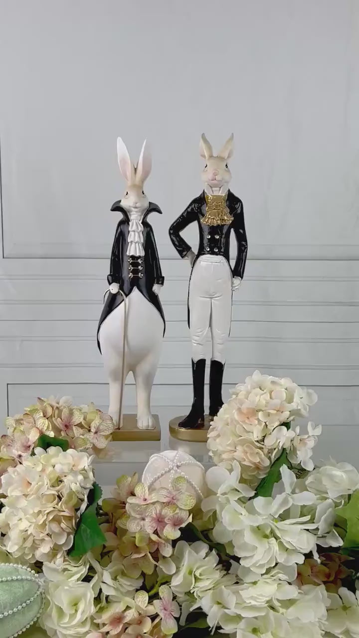 15.5" Elegant Easter Rabbit Figurines, Black White Gold Resin Rabbits, Luxury Spring Decor, Mantel Tabletop Easter Decor
