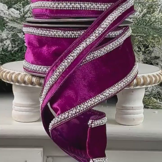 Purple Velvet Ribbon with Pearl and Rhinestone Trim, Luxury Designer Ribbon, Jeweled Velvet Ribbon
