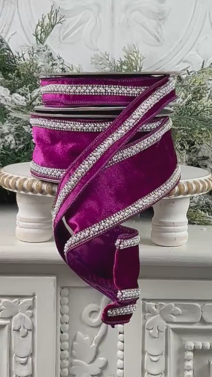 Purple Velvet Ribbon with Pearl and Rhinestone Trim, Luxury Designer Ribbon, Jeweled Velvet Ribbon