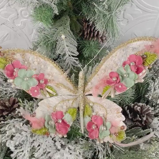 Floral Butterfly Ornament, Glitter Garden Butterfly, Pink Mint Gold Clip, Fairy Tree Decoration, Wedding Butterfly Clip
