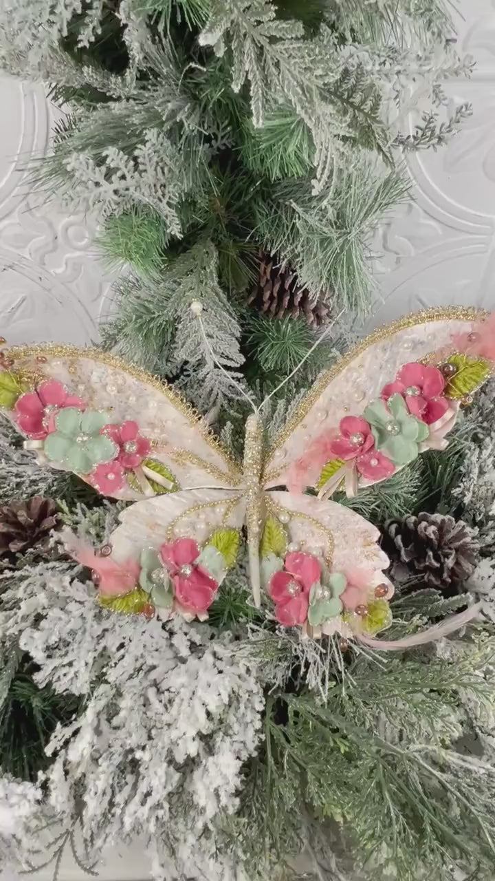 Floral Butterfly Ornament, Glitter Garden Butterfly, Pink Mint Gold Clip, Fairy Tree Decoration, Wedding Butterfly Clip