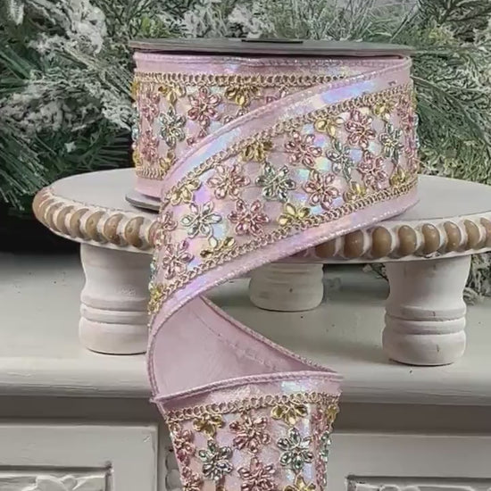 Farrisilk Iridescent Jeweled Daisies Ribbon, Light Pink Designer Ribbon for Holiday or Wedding Decor