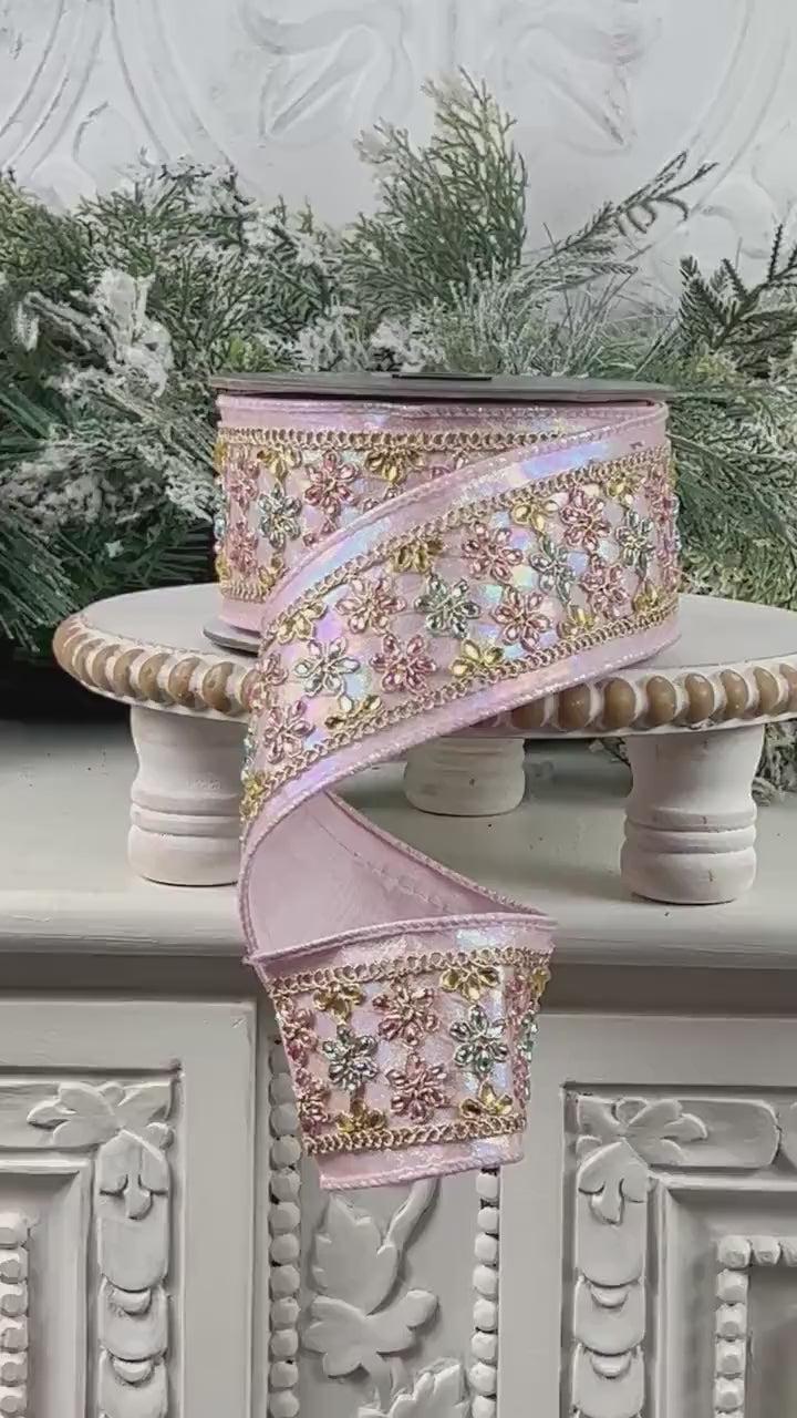 Farrisilk Iridescent Jeweled Daisies Ribbon, Light Pink Designer Ribbon for Holiday or Wedding Decor