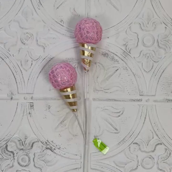 Pink Ice Cream Cone Spray | 24" Gold & Pink Wreath Pick | Sweet Treat Accent for Holiday, Birthday, or Whimsical Decor |Fake Candy|