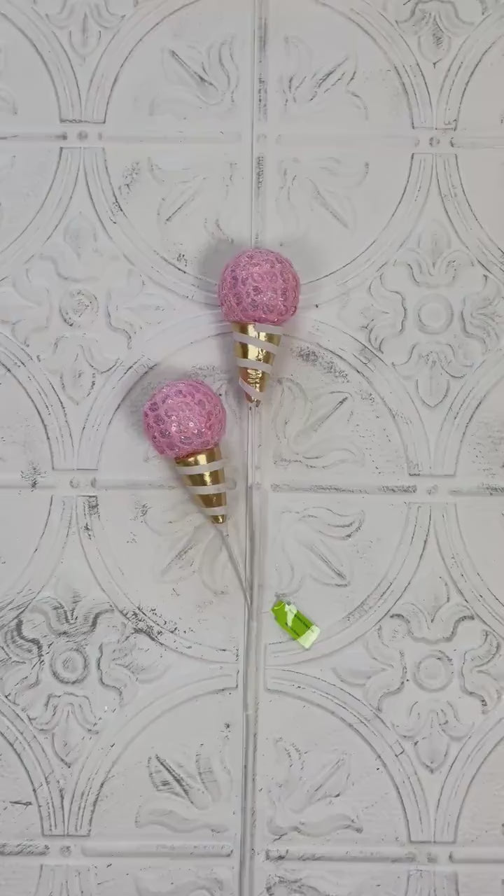 Pink Ice Cream Cone Spray | 24" Gold & Pink Wreath Pick | Sweet Treat Accent for Holiday, Birthday, or Whimsical Decor |Fake Candy|