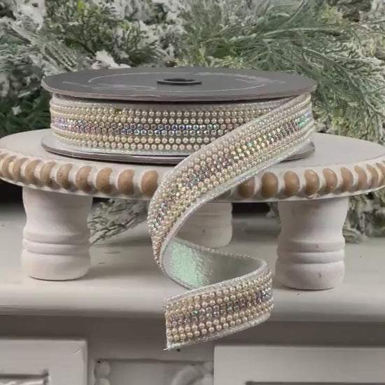 Farrisilk Pearls and Gems Ribbon, Iridescent Jeweled Designer Ribbon for Holiday or Year-Round Decor