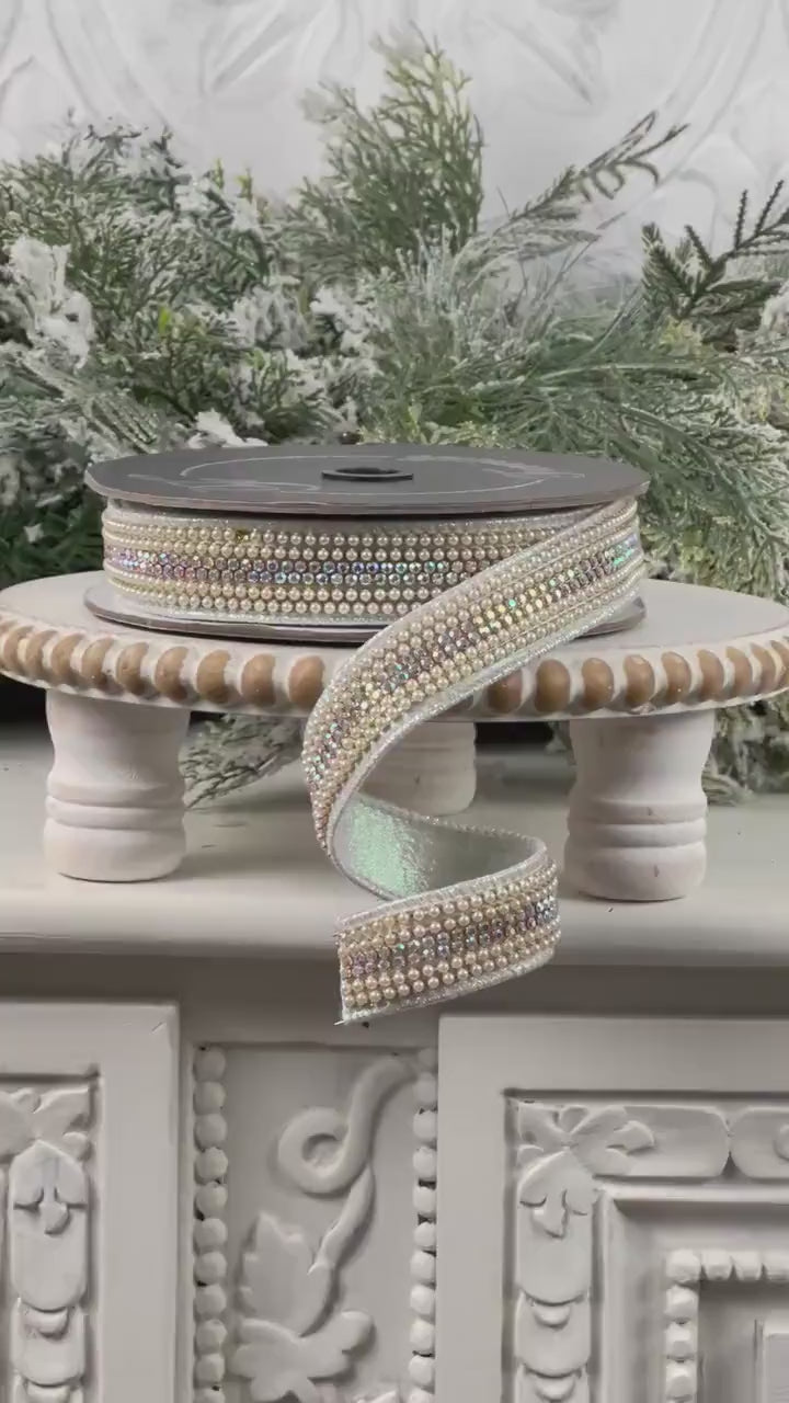Farrisilk Pearls and Gems Ribbon, Iridescent Jeweled Designer Ribbon for Holiday or Year-Round Decor