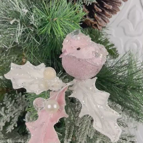Jeweled Bird Clip Ornament, Pink and Cream Holly Ornament, Holiday Bird Decoration, Wedding Clip Ornament, Luxury Tree Accent