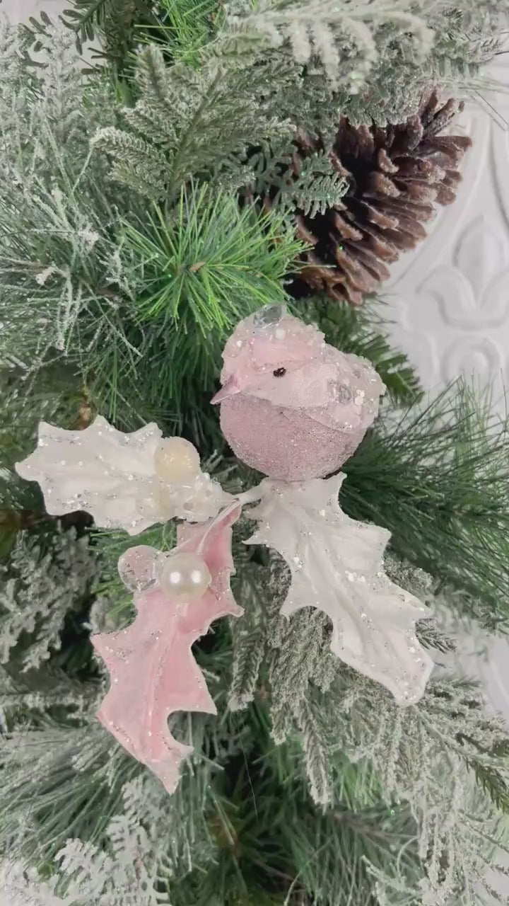 Jeweled Bird Clip Ornament, Pink and Cream Holly Ornament, Holiday Bird Decoration, Wedding Clip Ornament, Luxury Tree Accent