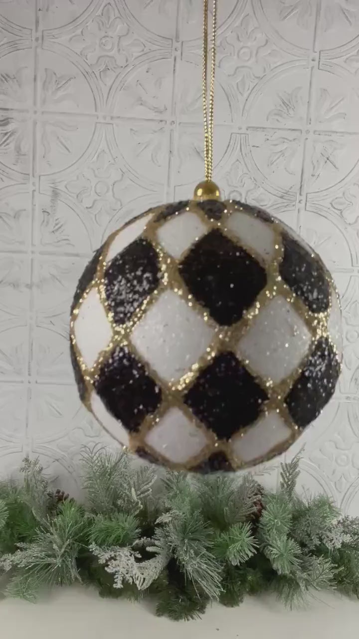 Harlequin Ball Ornament, Black and White Christmas Ornament, Shatterproof Tree Ornament, Jester Bauble, Designer Holiday Decor