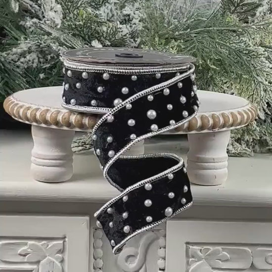 Black Velvet Pearl Ribbon,  Luxury Designer Ribbon, Holiday and Wedding Decor