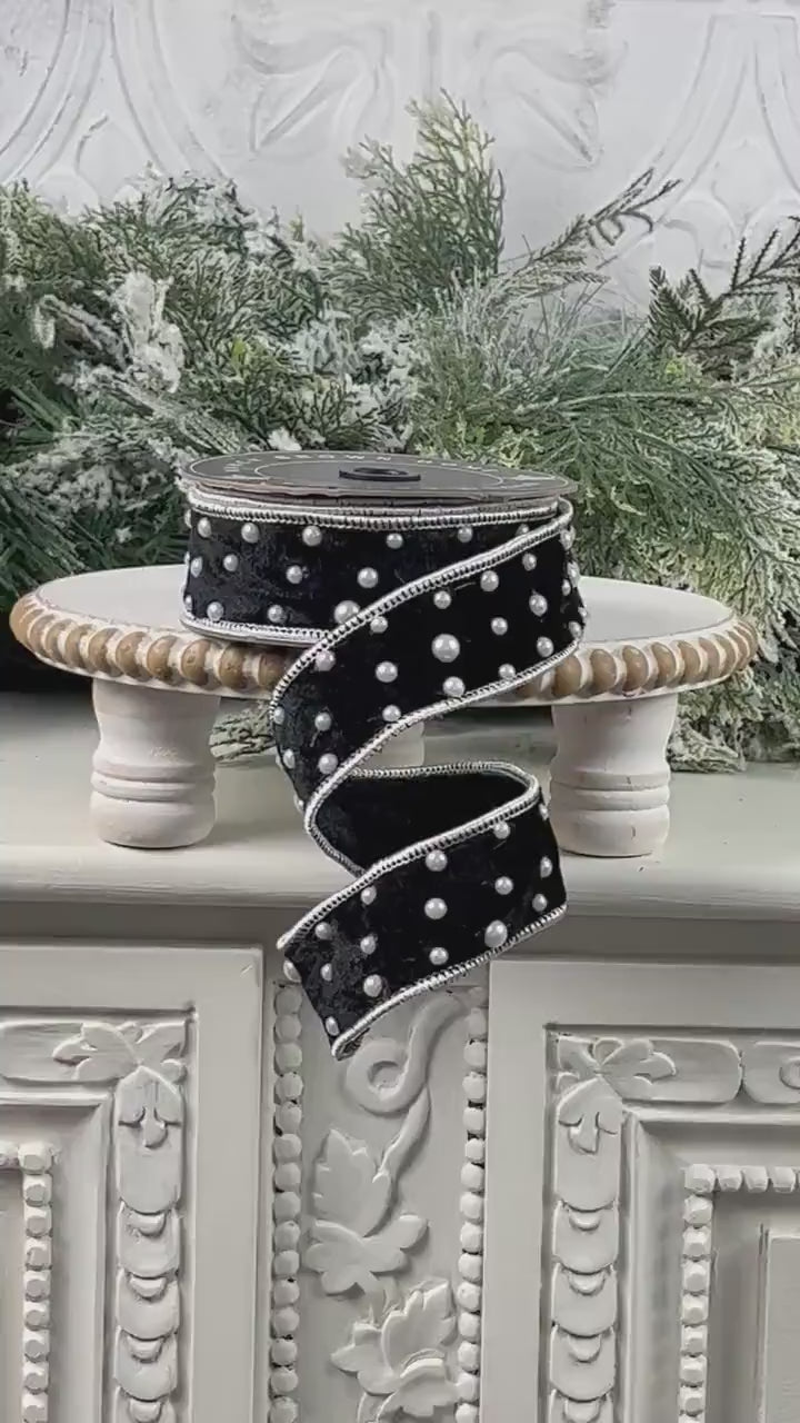 Black Velvet Pearl Ribbon,  Luxury Designer Ribbon, Holiday and Wedding Decor