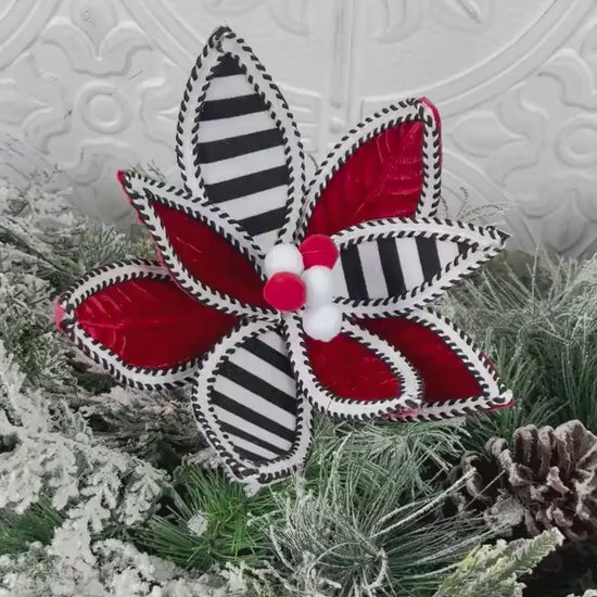 Striped Poinsettia Stem, Red Black White Christmas Pick, Velvet Holiday Floral, Modern Wreath Accent, Elegant Tree Decor