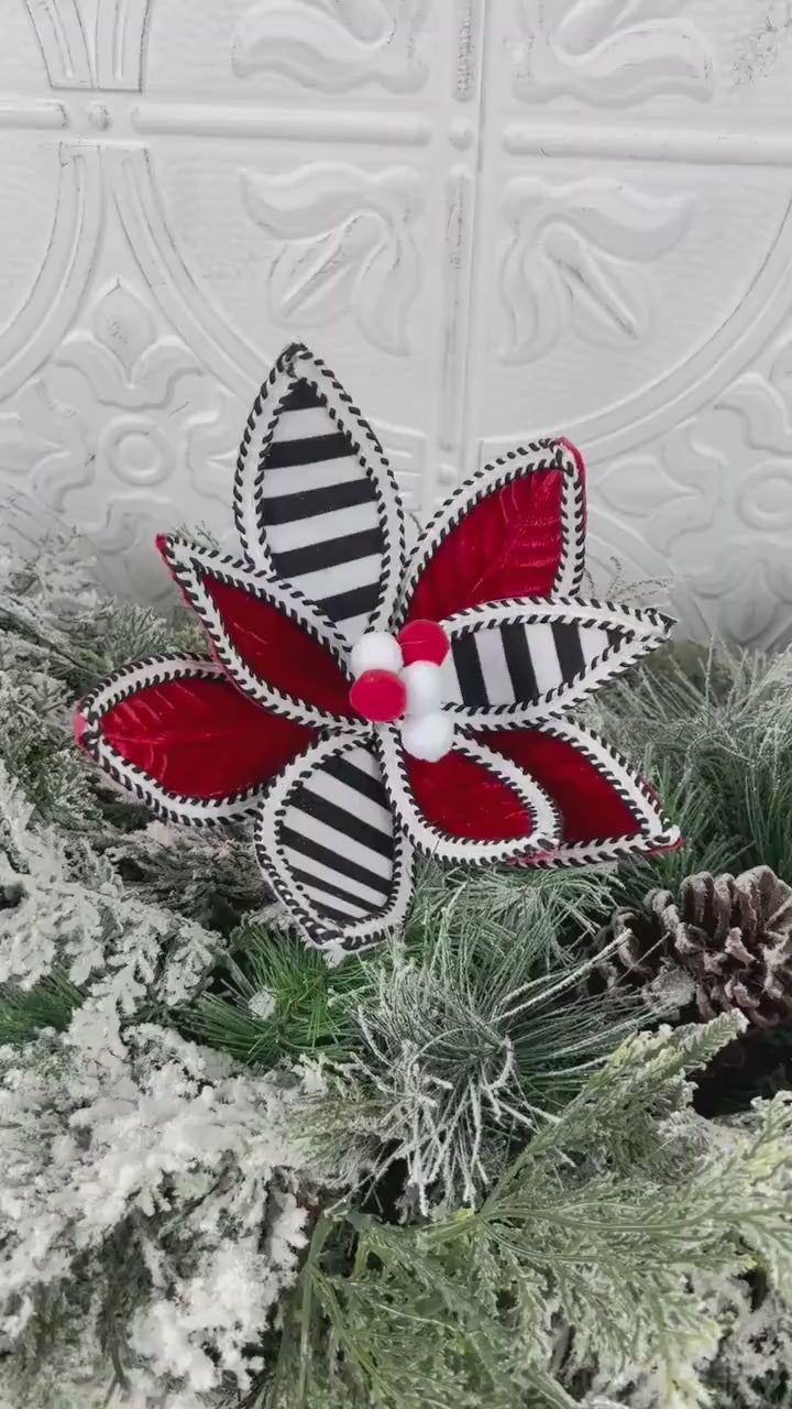 Striped Poinsettia Stem, Red Black White Christmas Pick, Velvet Holiday Floral, Modern Wreath Accent, Elegant Tree Decor