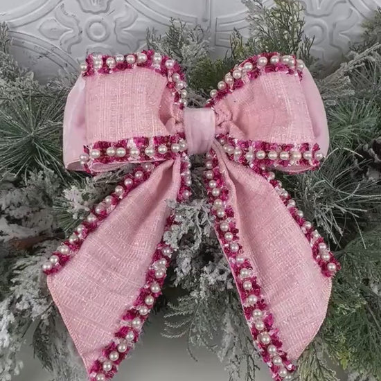 Farrisilk Pink Pearl Bow, Tweed and Velvet Bow with Pearls, Luxury Wedding and Holiday Decoration