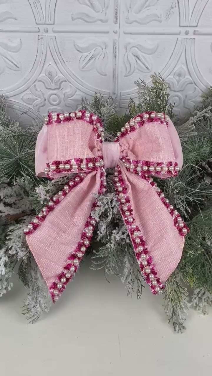 Farrisilk Pink Pearl Bow, Tweed and Velvet Bow with Pearls, Luxury Wedding and Holiday Decoration