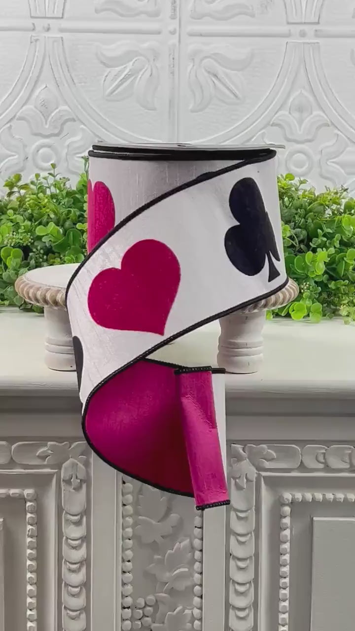 Queen of Hearts Ribbon – Farrisilk Sweet Suits Ribbon in Red and Black | Designer Playing Card Ribbon for Whimsical Decor