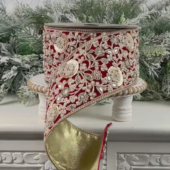 D Stevens Embroidered and Jeweled Red Velvet Ribbon,  Floral Pearl Trim, Designer Holiday Ribbon, Luxury Wedding and Floral Decor