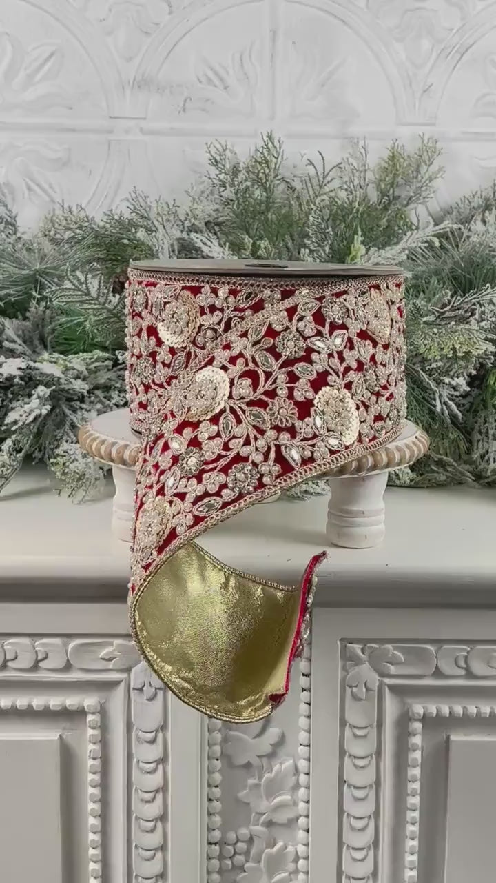 D Stevens Embroidered and Jeweled Red Velvet Ribbon,  Floral Pearl Trim, Designer Holiday Ribbon, Luxury Wedding and Floral Decor