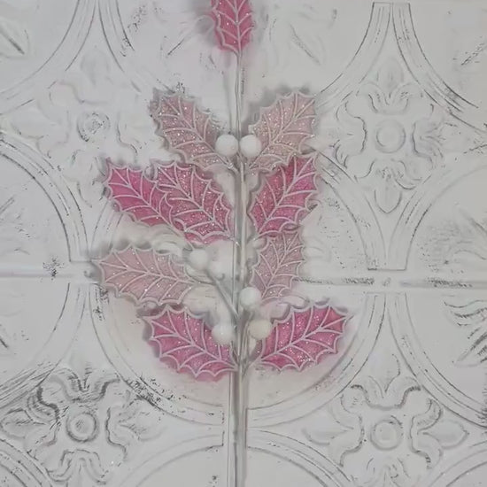 Glittered Holly Leaf Spray | 31" Pink Holiday Ball Stem | Pink Holly Leaf Spray | Glam Winter Floral Accent | Pink and White Holly