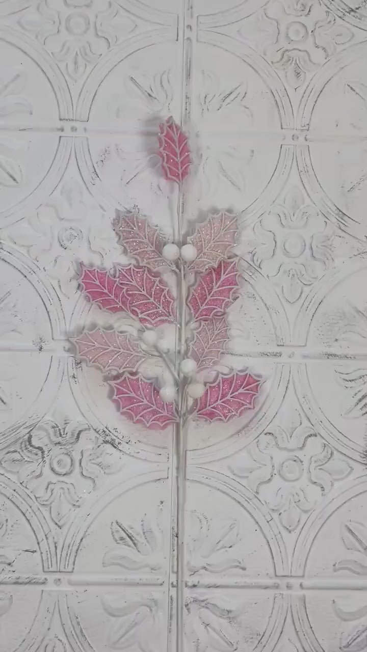 Glittered Holly Leaf Spray | 31" Pink Holiday Ball Stem | Pink Holly Leaf Spray | Glam Winter Floral Accent | Pink and White Holly