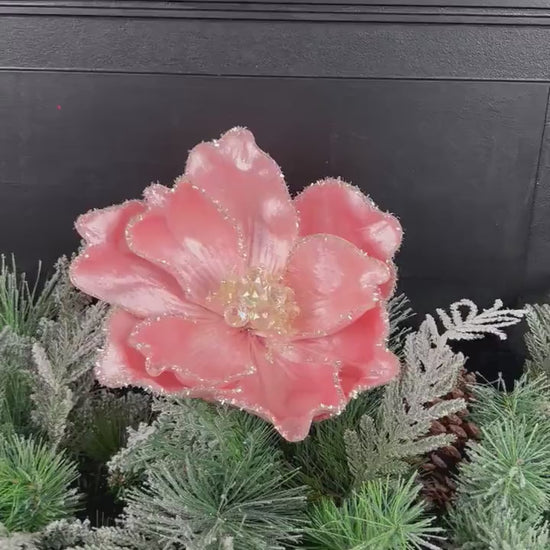 Pink Magnolia Stem, Jeweled Christmas Flower, Frosted Magnolia Pick, Holiday Floral Accent, Elegant Winter Stem, Farrisilk Floral Stem