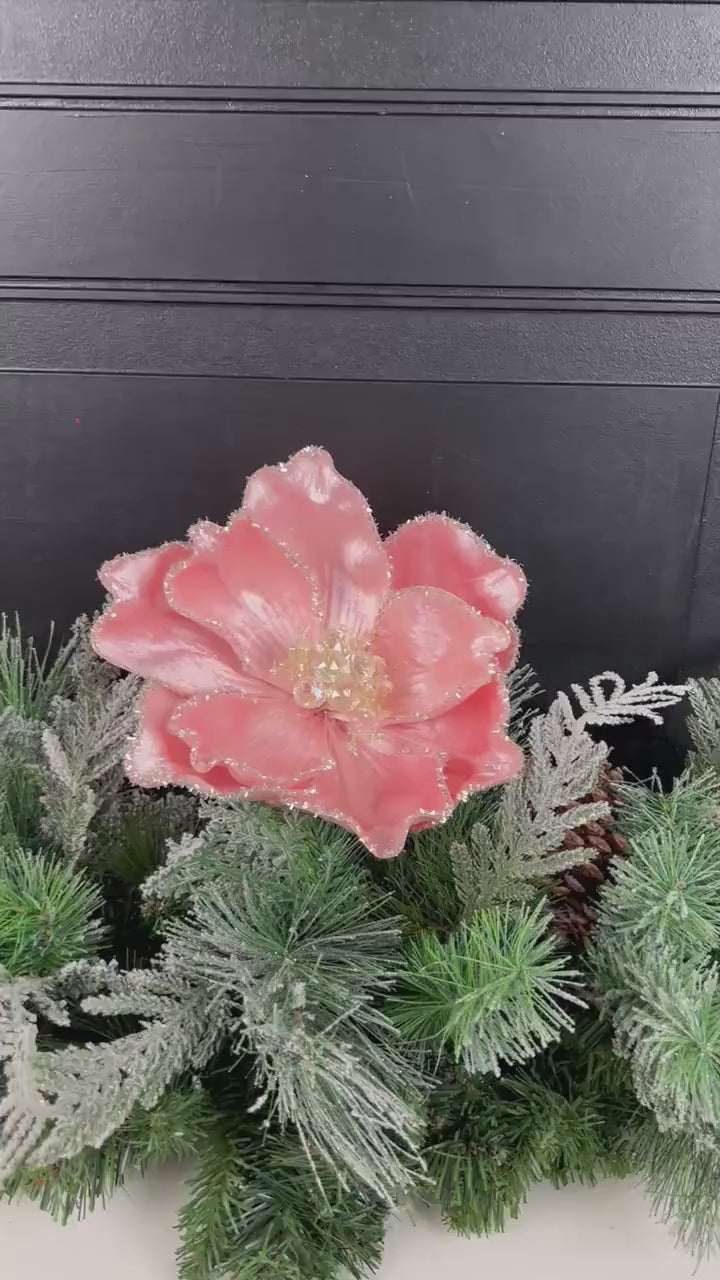 Pink Magnolia Stem, Jeweled Christmas Flower, Frosted Magnolia Pick, Holiday Floral Accent, Elegant Winter Stem, Farrisilk Floral Stem