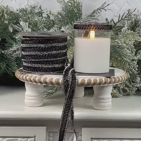 Farrisilk Black Baguette Jewel Ornamate, Self-Adhesive Black Ribbon with Rhinestones, Elegant Designer Trim for Holiday or Event Decor