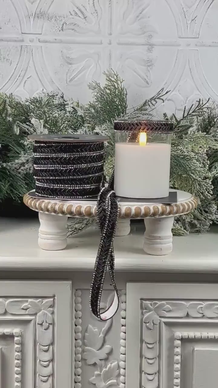Farrisilk Black Baguette Jewel Ornamate, Self-Adhesive Black Ribbon with Rhinestones, Elegant Designer Trim for Holiday or Event Decor