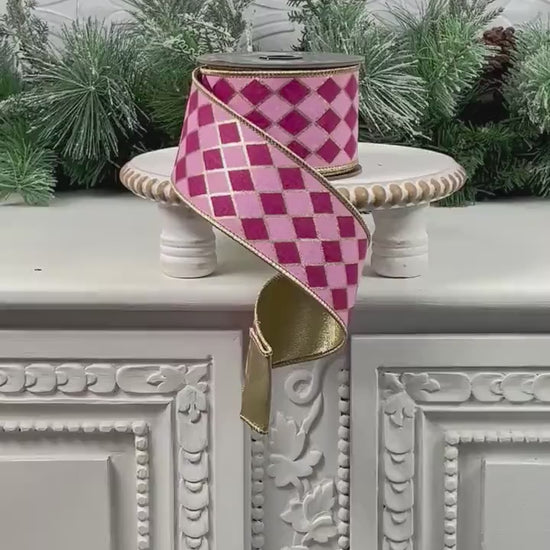 Fuchsia and Pink Harlequin Ribbon, Hot Pink Jester Ribbon, Gold Backed Harlequin Ribbon, 2.5" Wired Harlequin Ribbon, Designer Ribbon