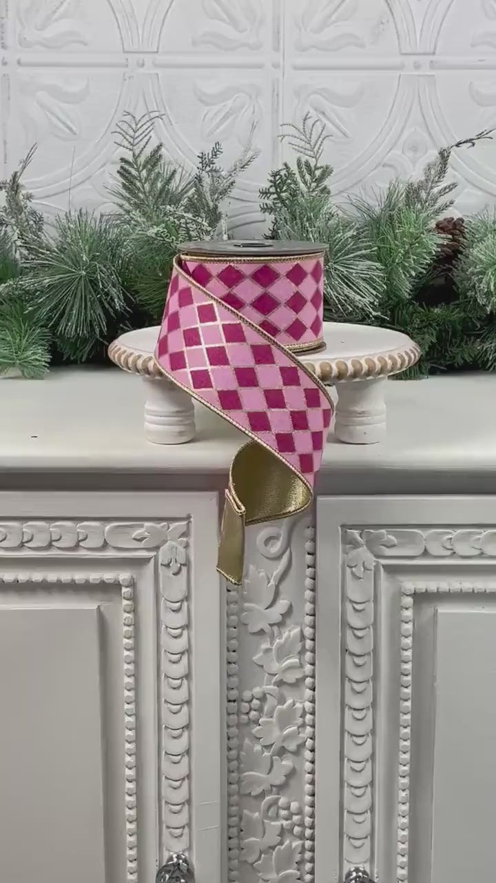 Fuchsia and Pink Harlequin Ribbon, Hot Pink Jester Ribbon, Gold Backed Harlequin Ribbon, 2.5" Wired Harlequin Ribbon, Designer Ribbon