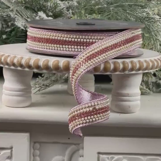 Farrisilk Pearls and Gems Ribbon, Pink Jeweled Designer Ribbon for Holiday or Year-Round Decor