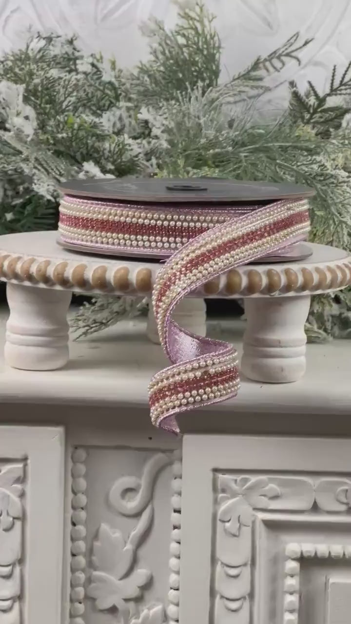 Farrisilk Pearls and Gems Ribbon, Pink Jeweled Designer Ribbon for Holiday or Year-Round Decor