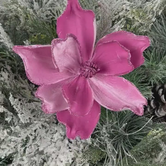 Velvet Magnolia Pick, Pink Magnolia Floral, Glitter Edge Flower Pick, Holiday Wreath Accent, Elegant Tree Decoration