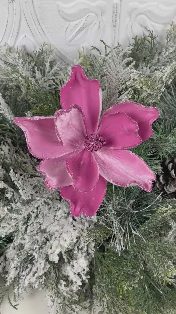 Velvet Magnolia Pick, Pink Magnolia Floral, Glitter Edge Flower Pick, Holiday Wreath Accent, Elegant Tree Decoration