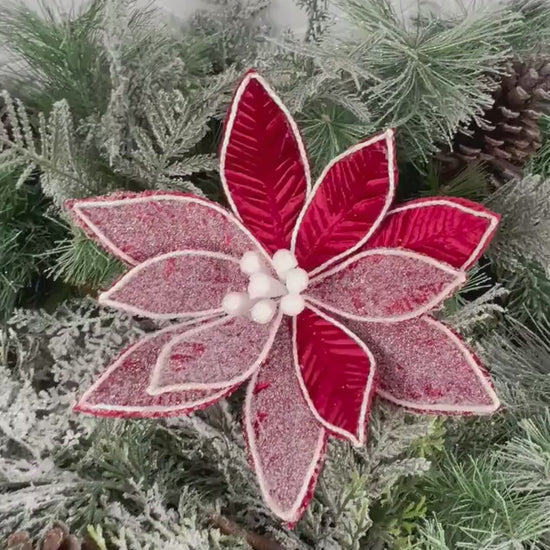 Frosted Poinsettia Stem, Red Poinsettia Stem, Christmas Floral, Holiday Wreath Attachment, Winter Wedding Decor, Red & White Poinsettia Stem